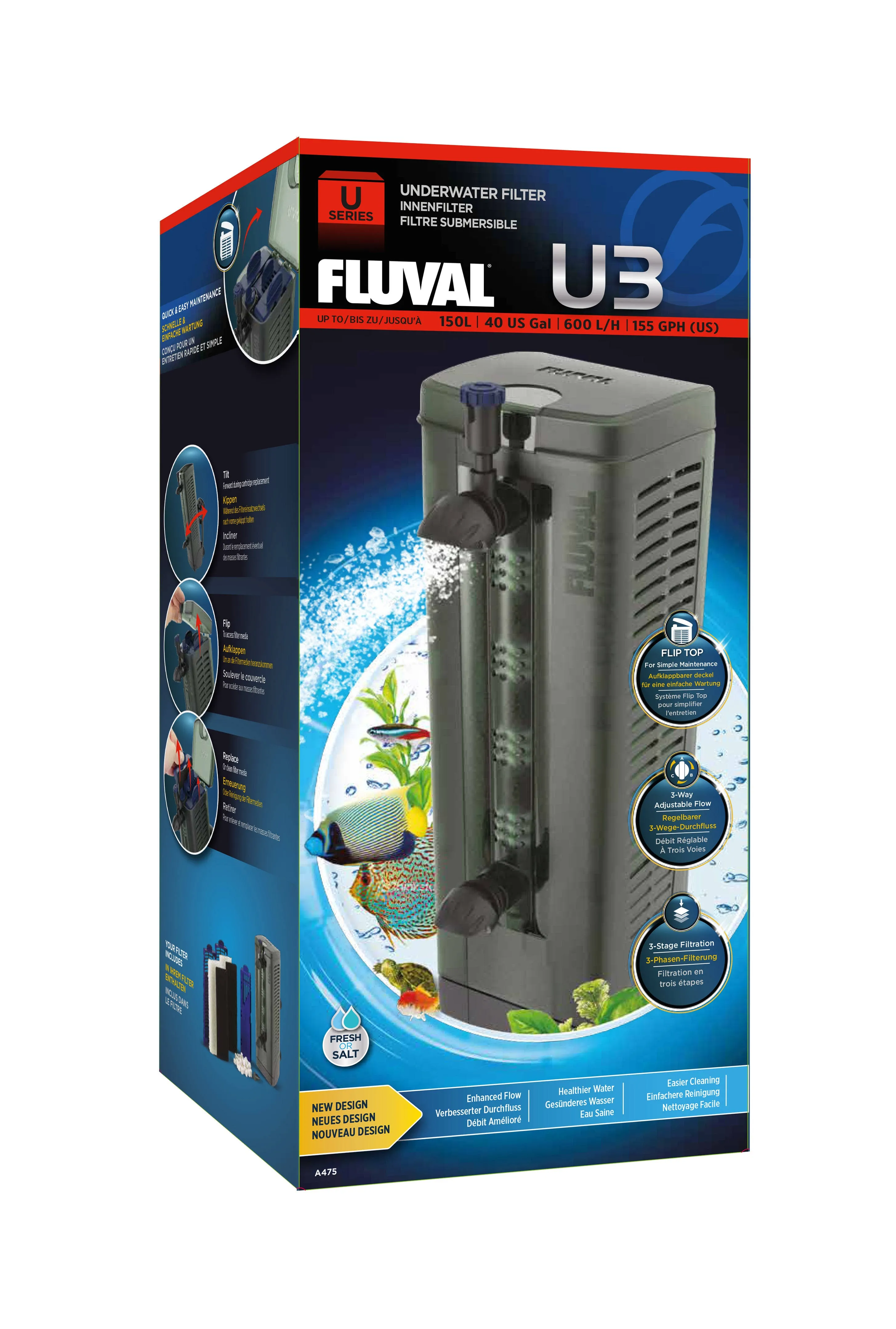 Fluval U4 Underwater Filter, Freshwater and Saltwater Aquarium Filter, A480,Black