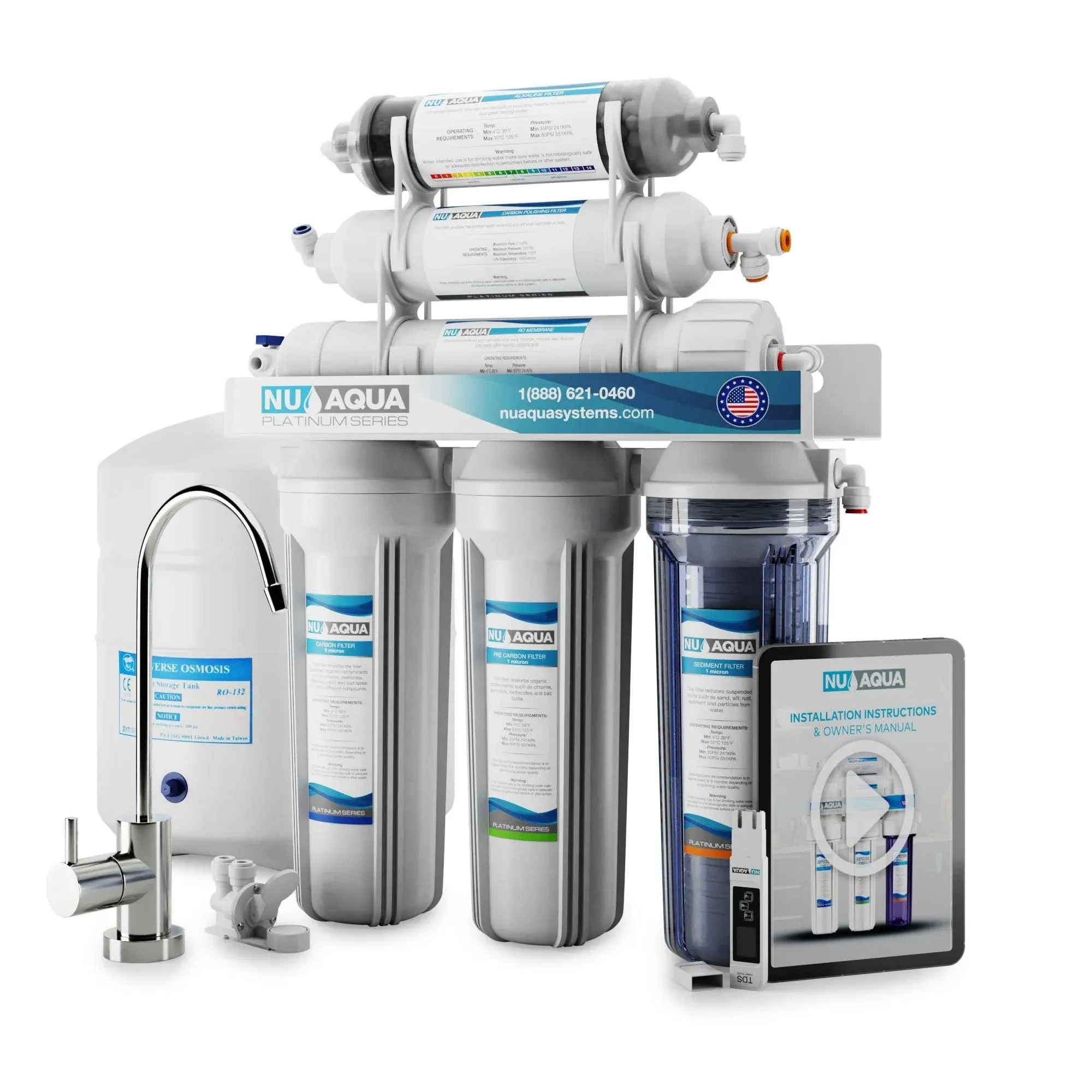 NU Aqua 6-Stage Alkaline Under Sink Reverse Osmosis Water Filter System - 100 GPD RO Filtration & Remineralization - Faucet & Tank - PPM Meter - 100GPD Undersink - Home Kitchen Drinking Water Purifier